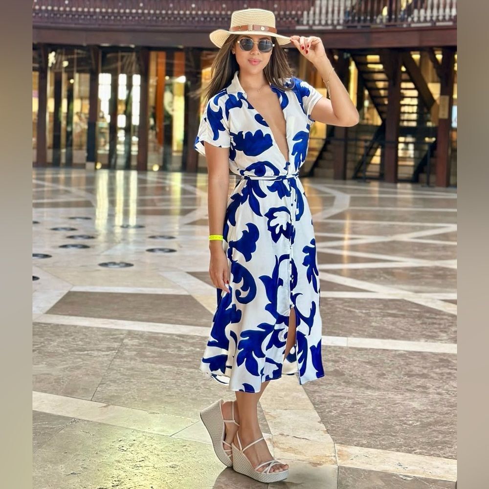 H&M royal blue and white print button front midi dress size small NWT